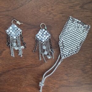 Silver Metal Sparkle Dangling Earrings and Bracelet Costume Jewelry